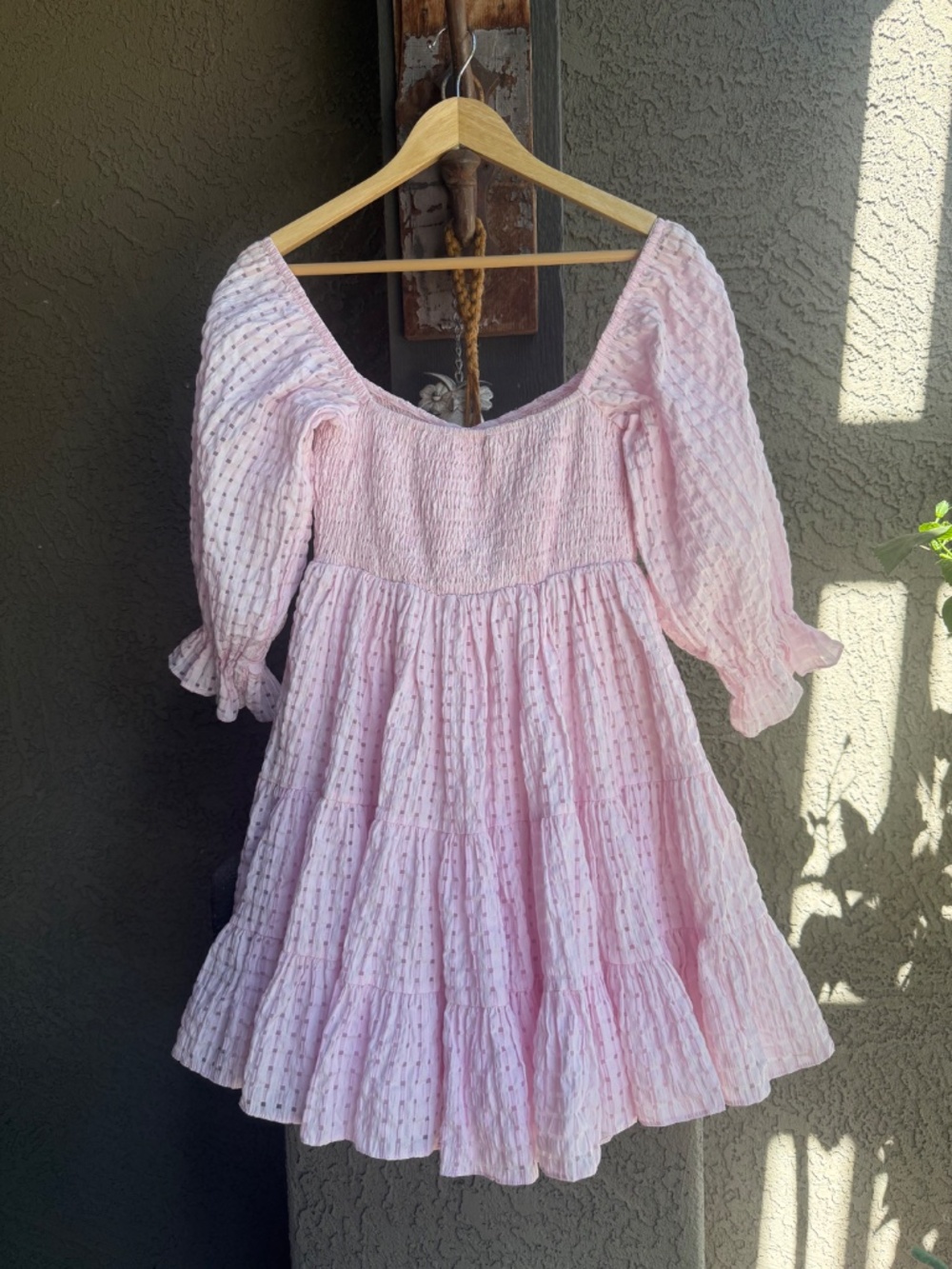 MABLE Pink Smocked Puff Sleeve Textured Check Tiered Babydoll Mini Dress Small - Picture 5 of 16